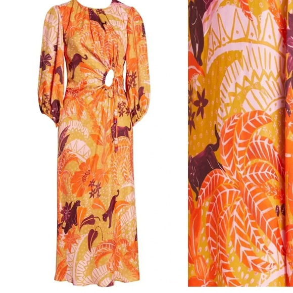 FARM Rio Dresses & Skirts - FARM RIO NWT Jungle Panther Print Cinch Keyhole Puff Sleeve Midi Dress S